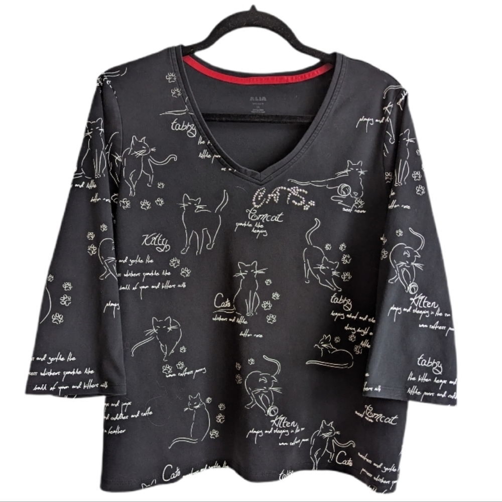 Alia Cat Print Black V-Neck Top - 2X